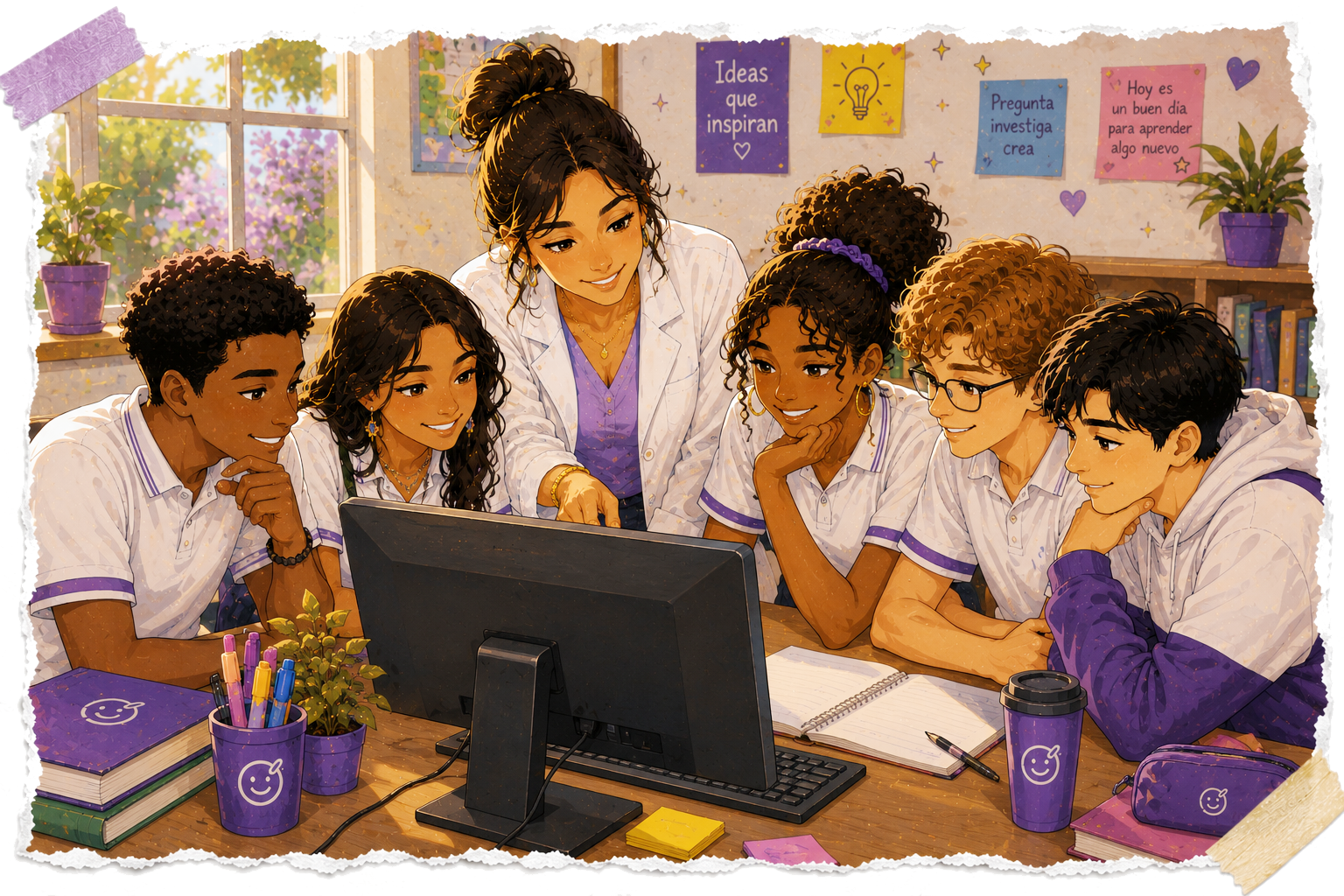 Estudiantes trabajando juntos en una actividad mediada por tecnología.