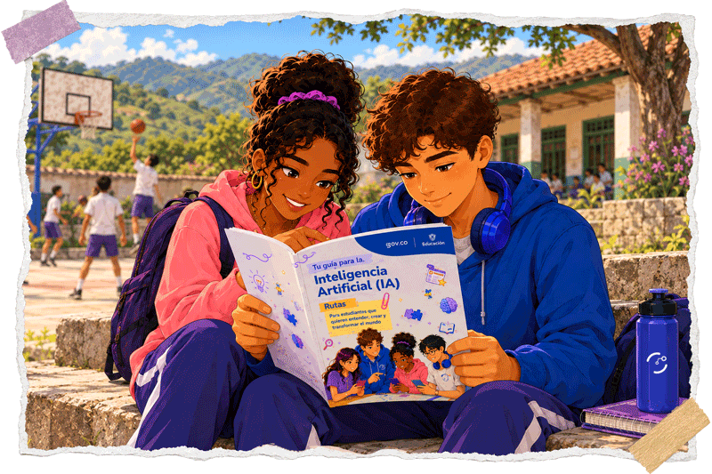 Dos estudiantes de un colegio rural leen juntos una guía sobre inteligencia artificial mientras están sentados junto a la cancha de baloncesto. Al fondo, otros estudiantes juegan, rodeados de árboles, montañas y las instalaciones del colegio.