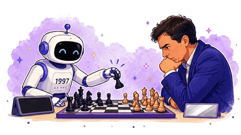 Robot que representa a Deep Blue mueve una pieza de ajedrez frente a Garry Kasparov durante una partida en 1997.
