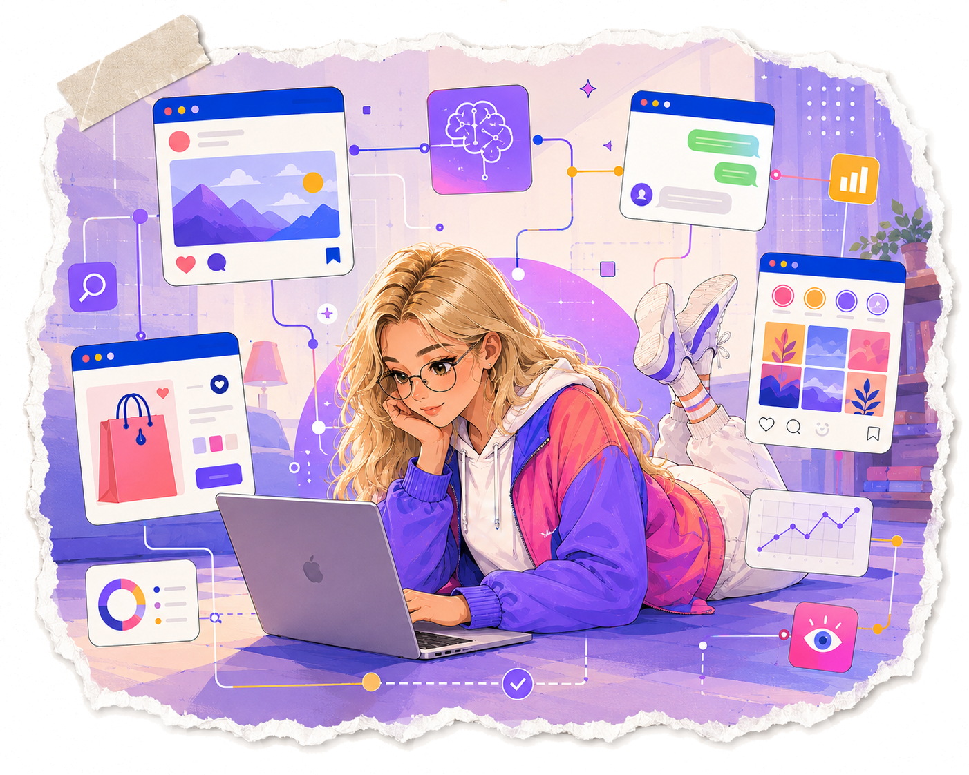 Ilustración sobre recomendaciones automáticas y orden de contenidos en plataformas digitales.