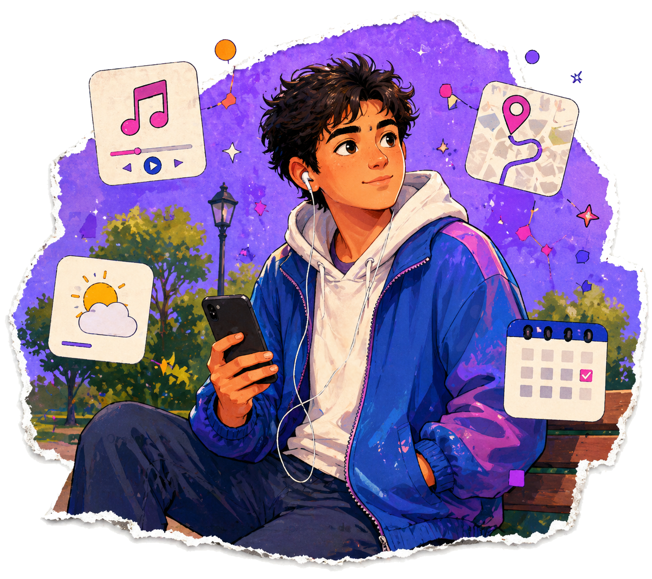 Ilustración de una rutina diaria asistida por IA con música, clima, ruta y organización.